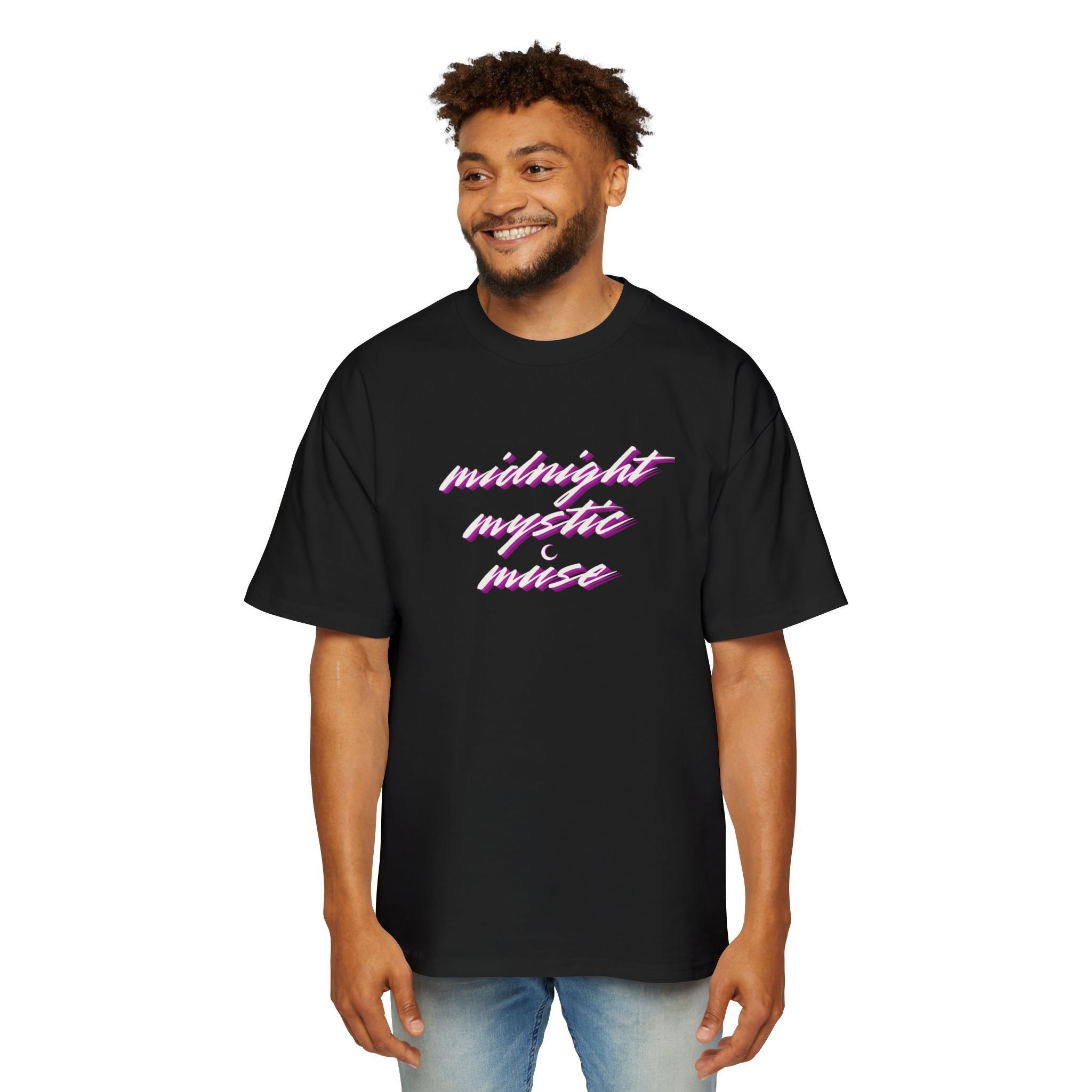 Midnight Mystic Muse Tee – Retro Neon Script Oversized T-Shirt – Fates