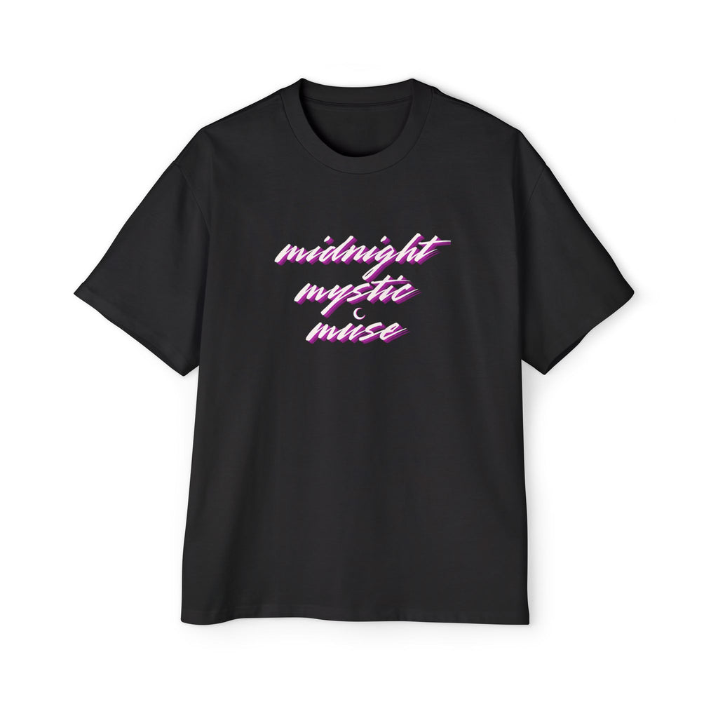 Midnight Mystic Muse Tee – Retro Neon Script Oversized T-Shirt – Fates